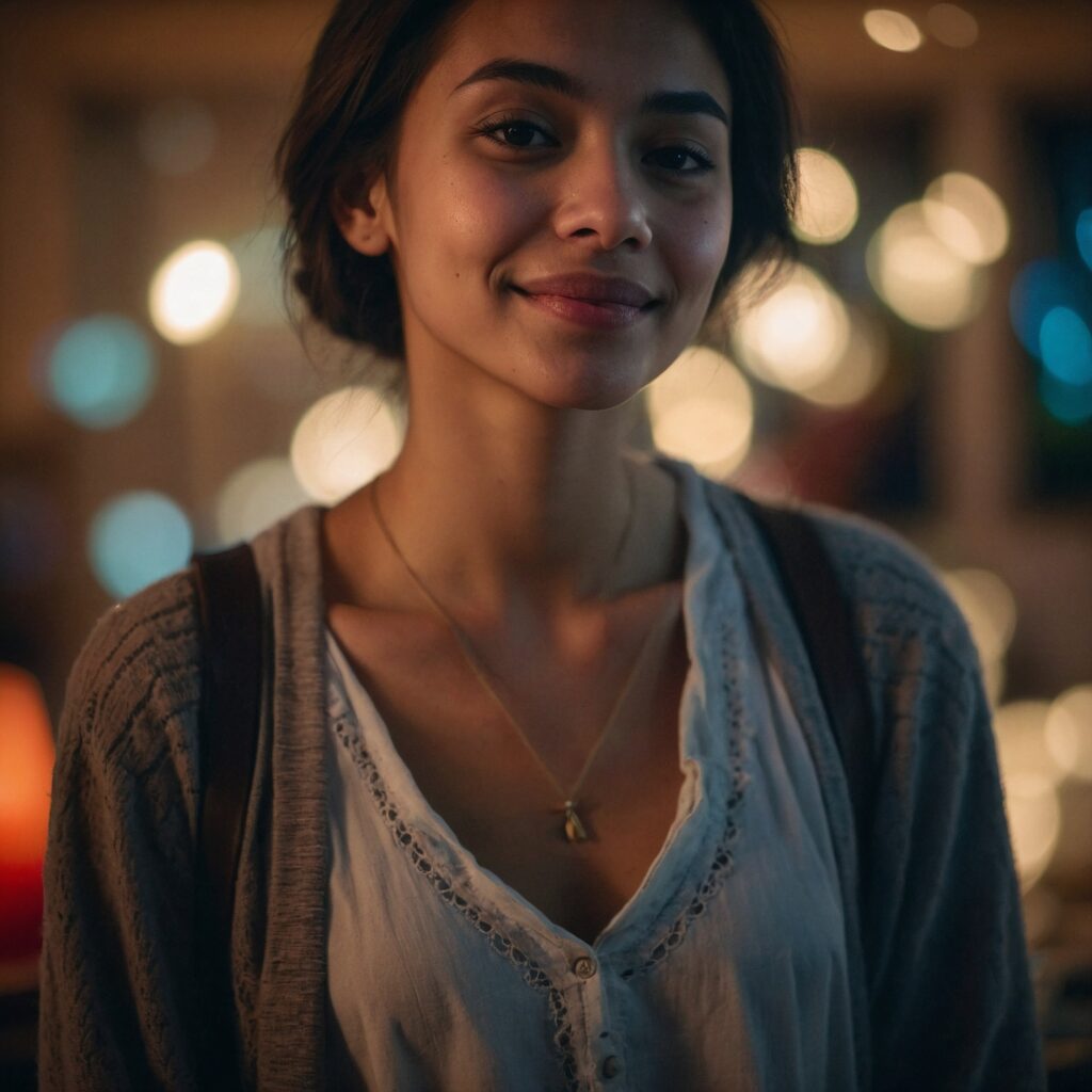 A woman smiling confidently after practicing emotional grounding techniques