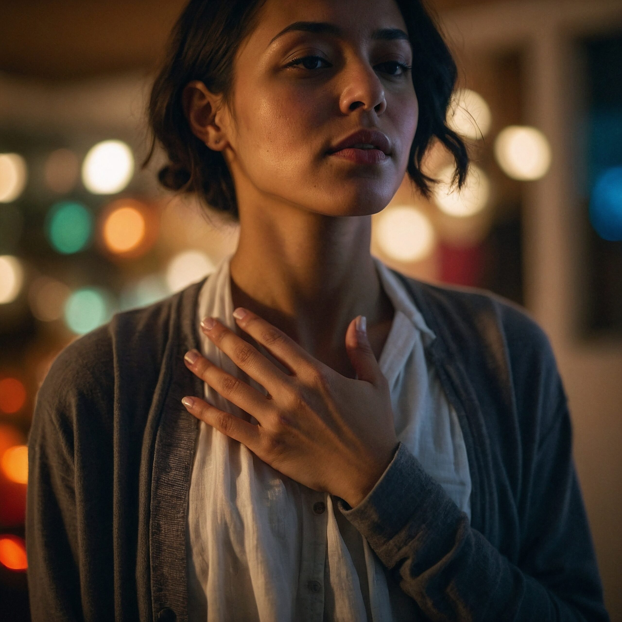 Woman holding her hand to her chest for grounding and emotional calm