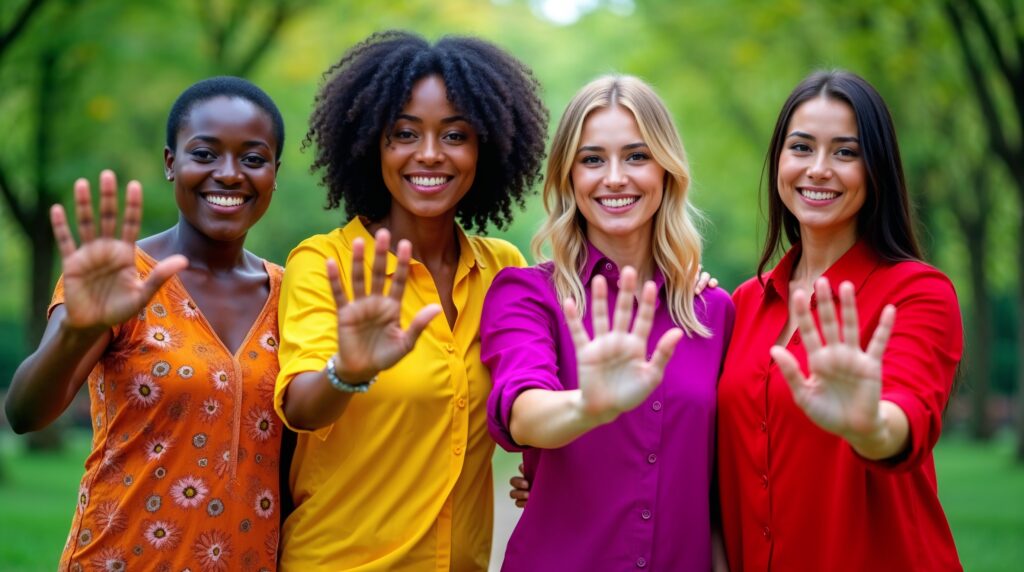 Four diverse women smiling confidently with hands raised in a "stop" gesture, standing outdoors in colorful clothing. An empowering scene from a self-defense training that emphasizes confidence and calm.