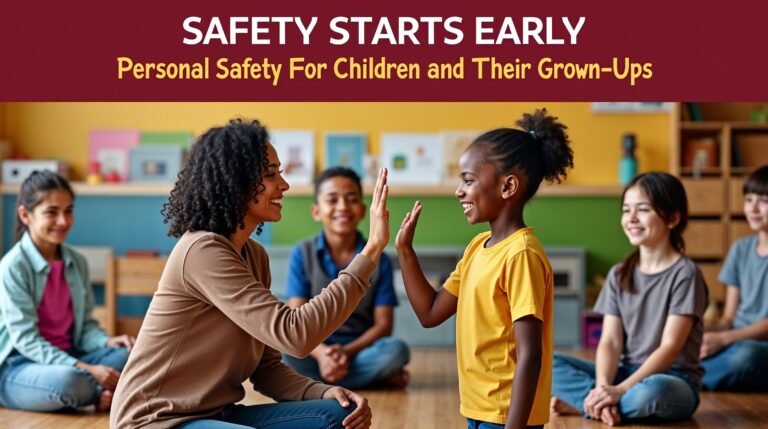 Child safety class with diverse children and an adult mentor in a yellow classroom; smiling kids learn empowerment self-defense with hands-on guidance.