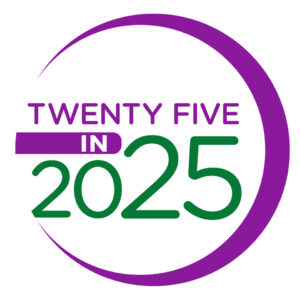 Twenty-Five in 2025 purple and green circular logo for IMPACT Safety’s donor campaign.