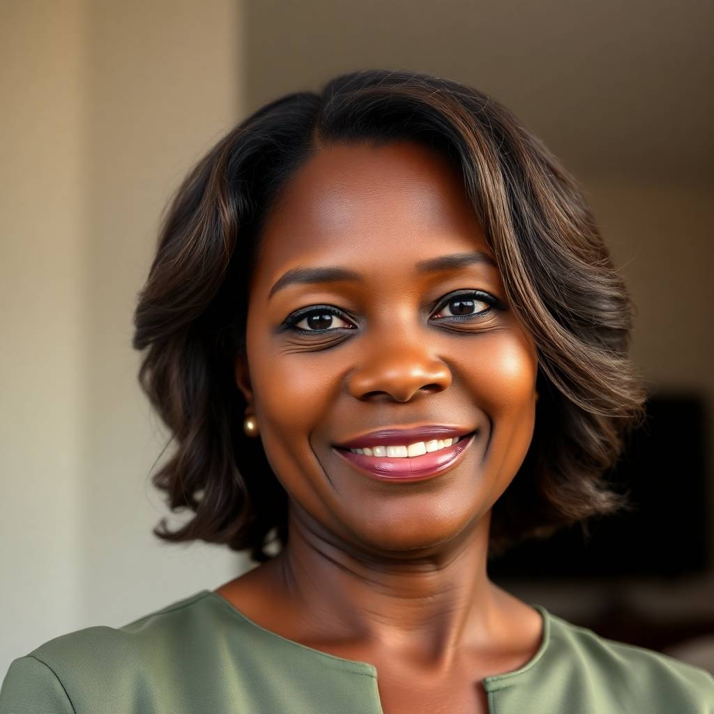 Smiling African American woman in green blouse, representing a supportive mother in IMPACT Safety’s empowerment campaign.