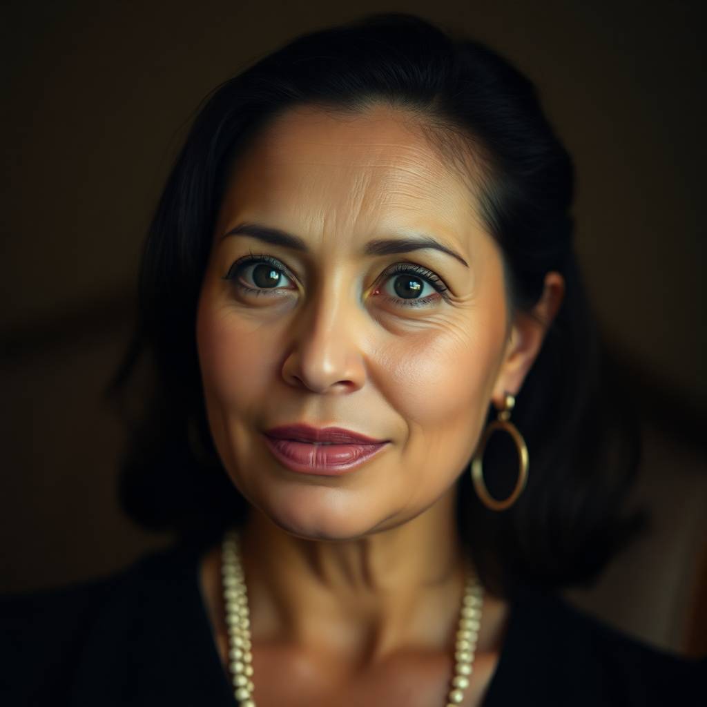 A confident middle-aged Latina woman with dark hair, pearl necklace, and hoop earrings looks calmly into the camera. She is seated against a dark, softly blurred background, dressed in elegant black.