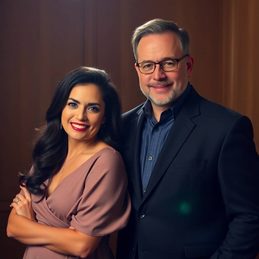 A smiling middle-aged couple stands close together against a warm wood-paneled background. The man wears glasses, a navy blazer, and a soft smile. The woman has long dark hair, hoop earrings, and a mauve dress.