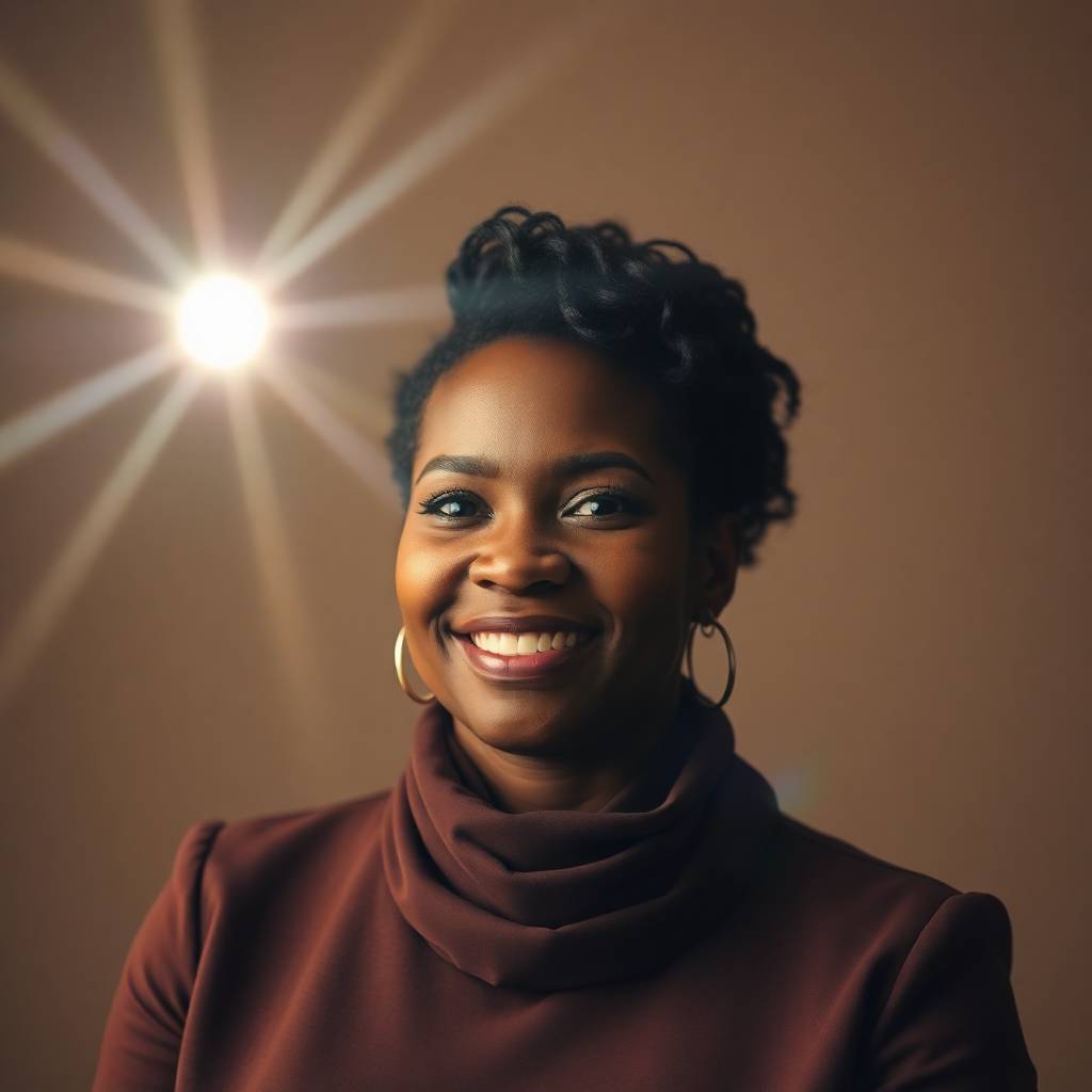 A smiling Black woman with natural short curls and hoop earrings stands in soft light, wearing a burgundy top with a high collar. A starburst flare glows in the background.