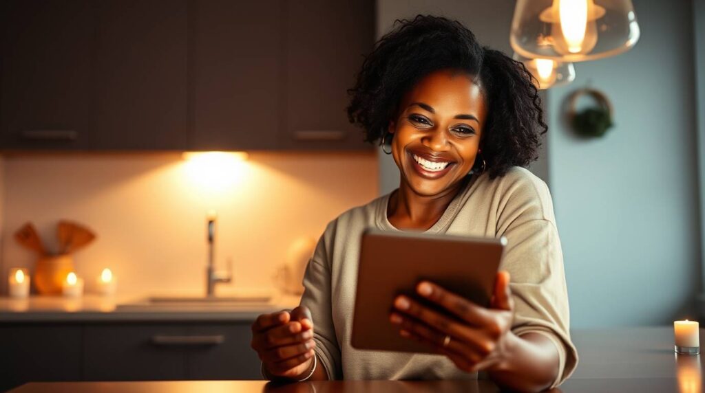Middle-aged woman smiling warmly as she reads a newsletter on her tablet at home