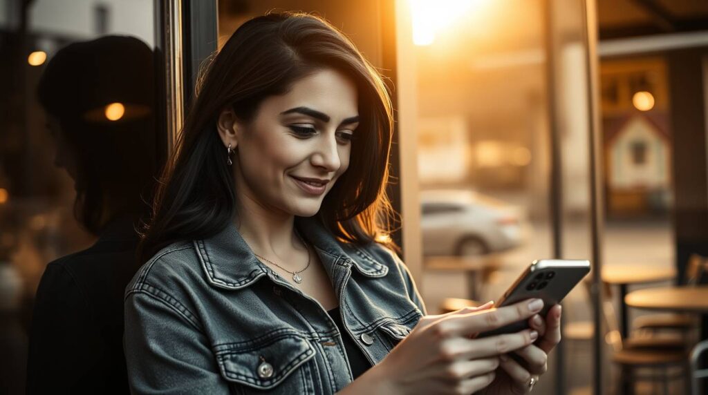 Young woman standing outside at sunset, smiling while reading her phone