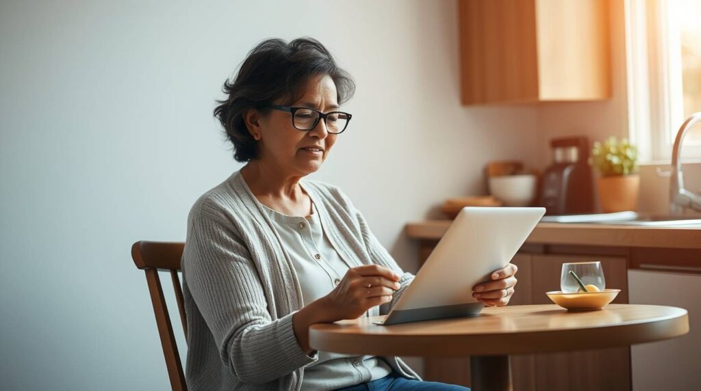 Older woman reading on her laptop at her kitchen table, looking focused and thoughtful