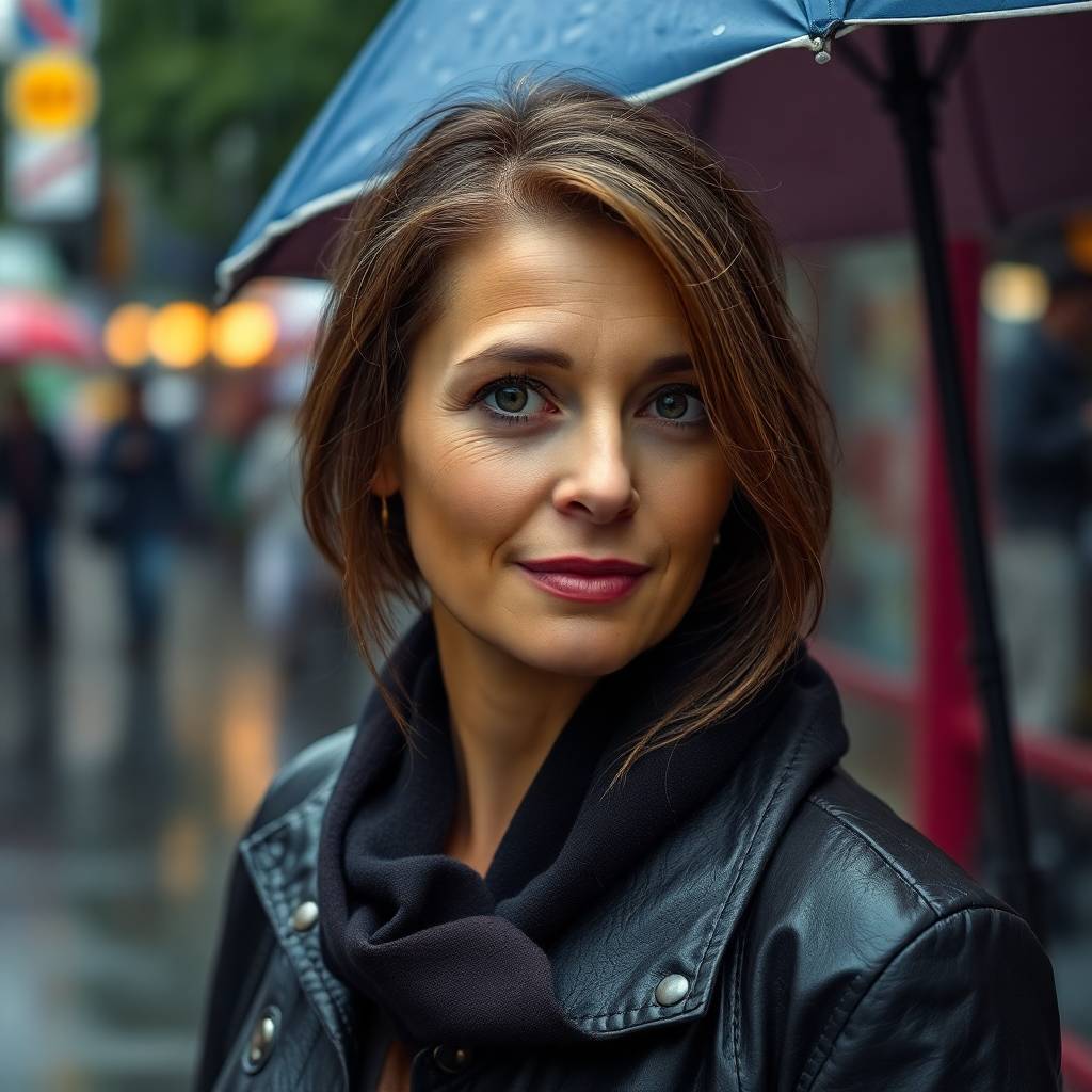 A middle-aged woman in a black leather jacket smiles gently under a blue umbrella on a rainy city street.