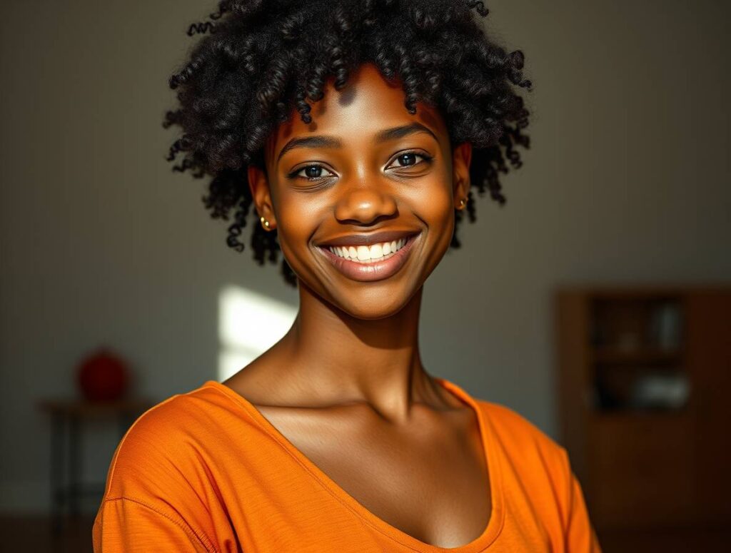 Smiling African American teenage girl in orange shirt, representing an empowered ESD graduate for IMPACT Safety.