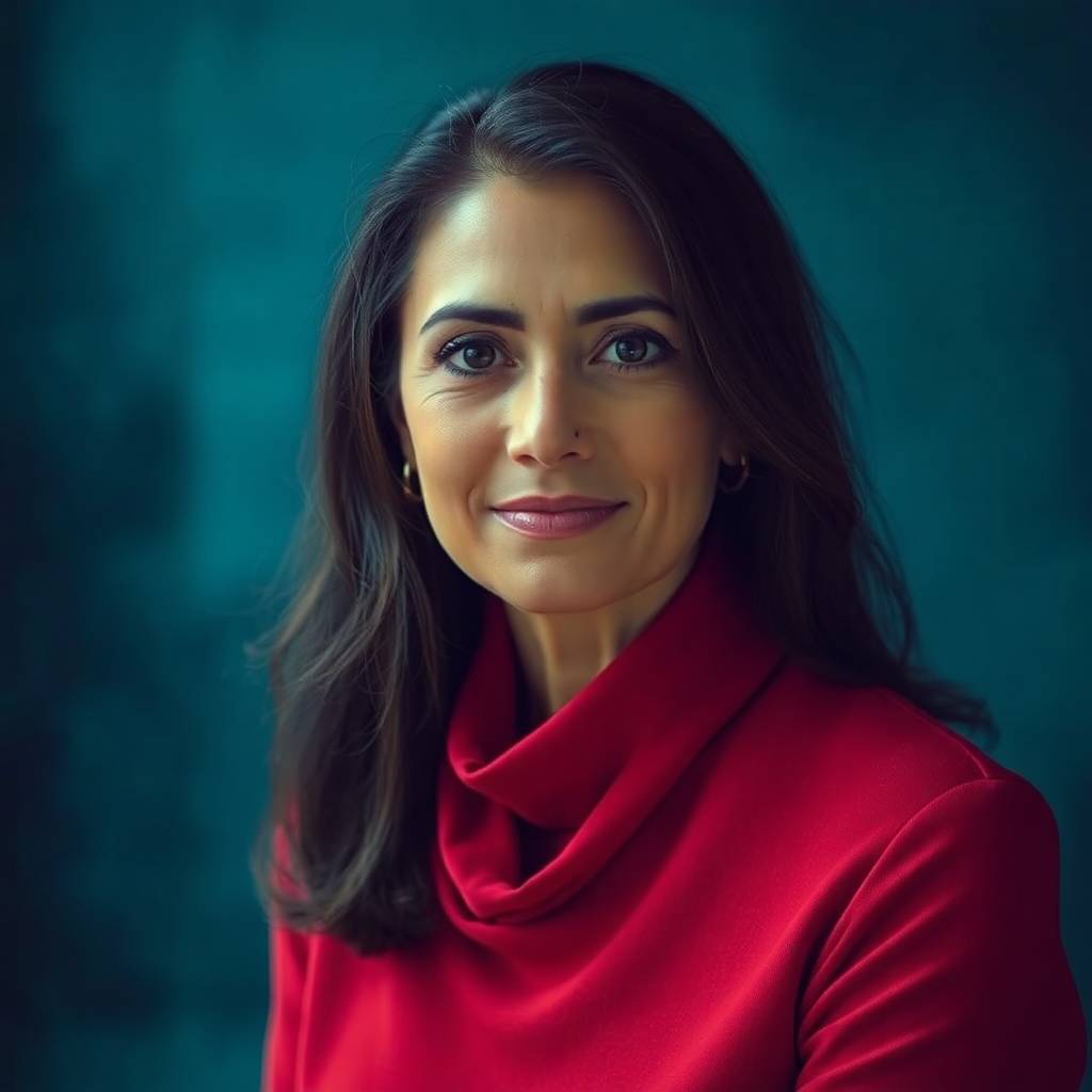 A professional woman with dark brown hair and medium complexion wears a red blouse and smiles confidently in front of a rich teal background.